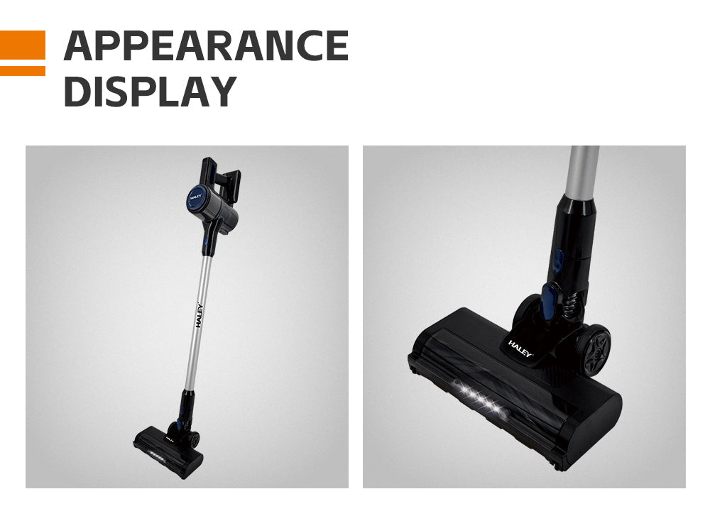 Aspirator Vertical cu Fir 2 în 1 HALEY®, 300W, 22.2V, Autonomie 35 Min, Perie LED, Filtru Lavabil, Recipient 1L, Negru/Argintiu